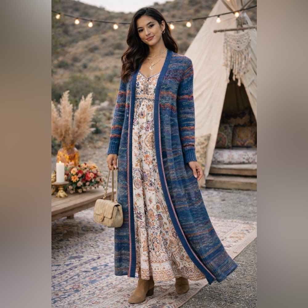 Knitted & Knotted for Anthropologie Crochet Duster Boho Knit Maxi Cardigan
